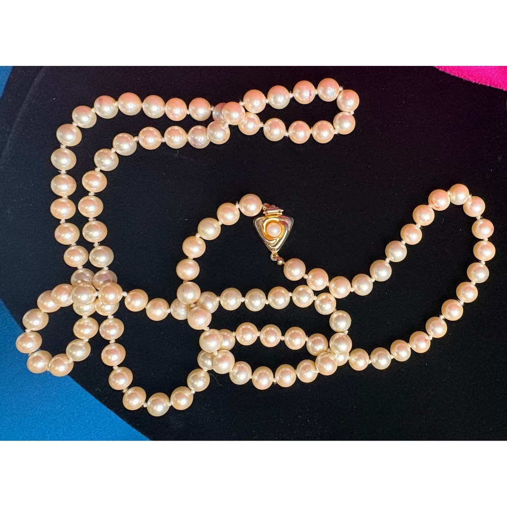LCI Vintage Faux Pearl Necklace Long Hand Knotted Opera Strand‎ Gold Tone Clasp